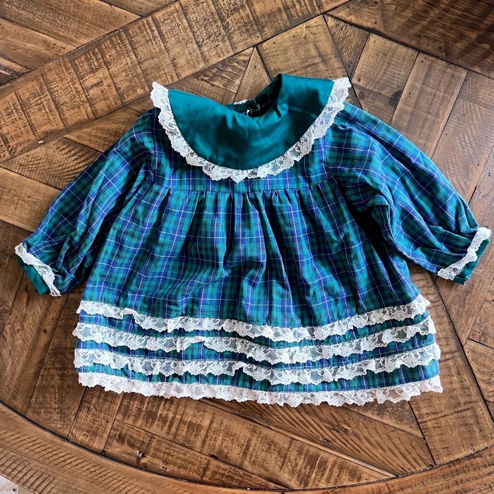 Plaid Lace Ruffle Dress‎ Girls 2T Green Tartan Prairie Cottagecore